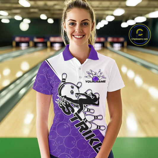 Cusom Purple Strike Bowling Team Women Polo Shirts, Bowling League Shirt Bowlers Outfit IPHW9262