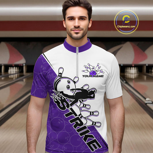 Cusom Purple Strike Bowling Team Quarter-Zip Shirts For Men, Bowling League Shirt Bowlers Outfit IPHW9262