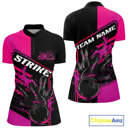 Custom Black And Pink Flame Strike Bowling Women Quarter-Zip Shirt, Bowling League Shirt IPHW9269