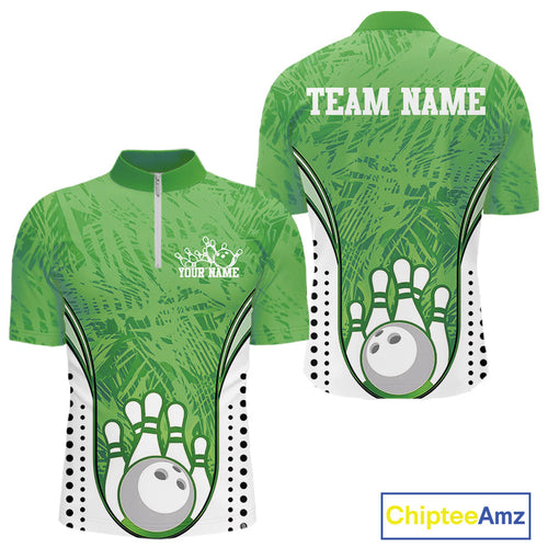 Custom Green Camo Bowling Team Quarter-Zip Shirts For Men, Bowling Jerseys Bowler Outfit IPHW9597