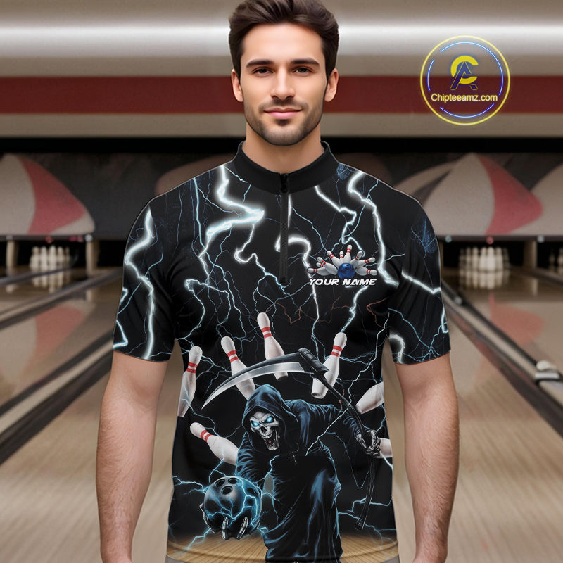 Custom Blue Thunder Lightning Grim Reaper Bowling Men Quarter-Zip Shirt, Halloween Bowling Outfit IPHW9796