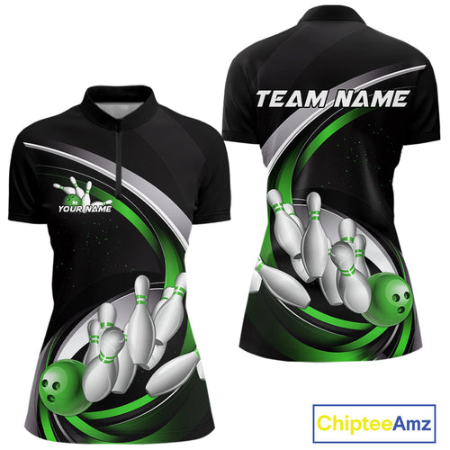 Custom Black Green Bowling Team Jerseys, Bowler Uniform Bowling Women Quarter-Zip Shirts IPHW9279