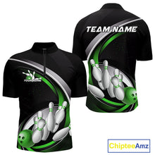 Load image into Gallery viewer, Custom Black Green Bowling Team Jerseys, Bowler Uniform Bowling Quarter-Zip Shirts For Men IPHW9279