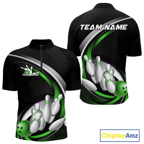 Custom Black Green Bowling Team Jerseys, Bowler Uniform Bowling Quarter-Zip Shirts For Men IPHW9279