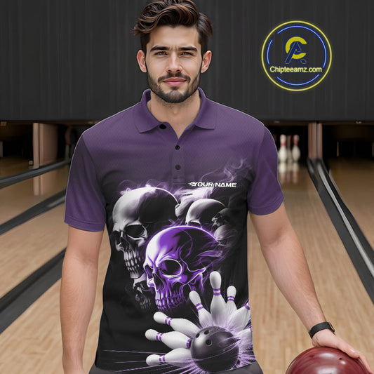 Custom Purple Smoke Skull Bowling Polo Shirts For Men, Ghostly Halloween Bowling Outfit IPHW9521