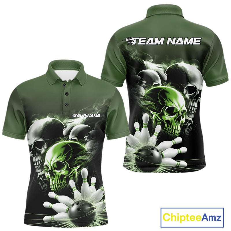 Custom Green Smoke Skull Bowling Polo Shirts For Men, Ghostly Halloween Bowling Outfit IPHW9522