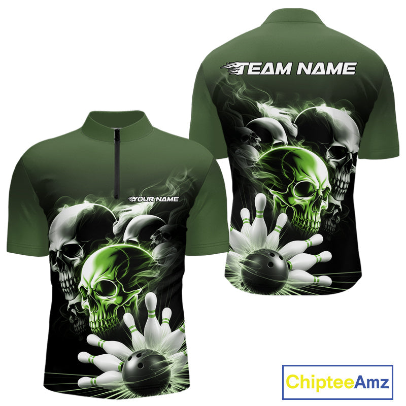 Custom Green Smoke Skull Bowling Quarter-Zip Shirts For Men, Ghostly Halloween Bowling Outfit IPHW9522