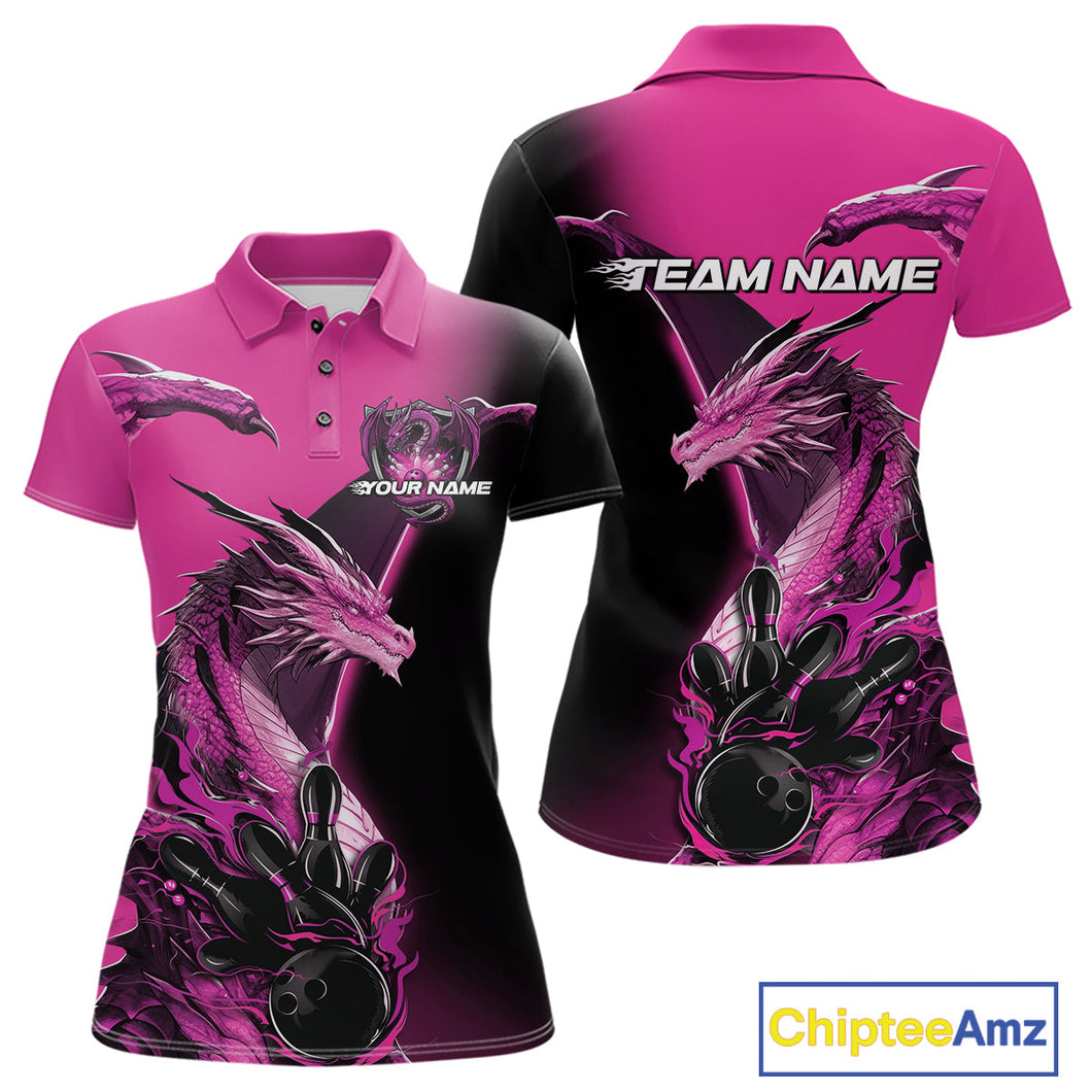 Custom Pink Dragon Flame Bowling Polo Shirts For Women, Bowling Tournament Shirt IPHW9332