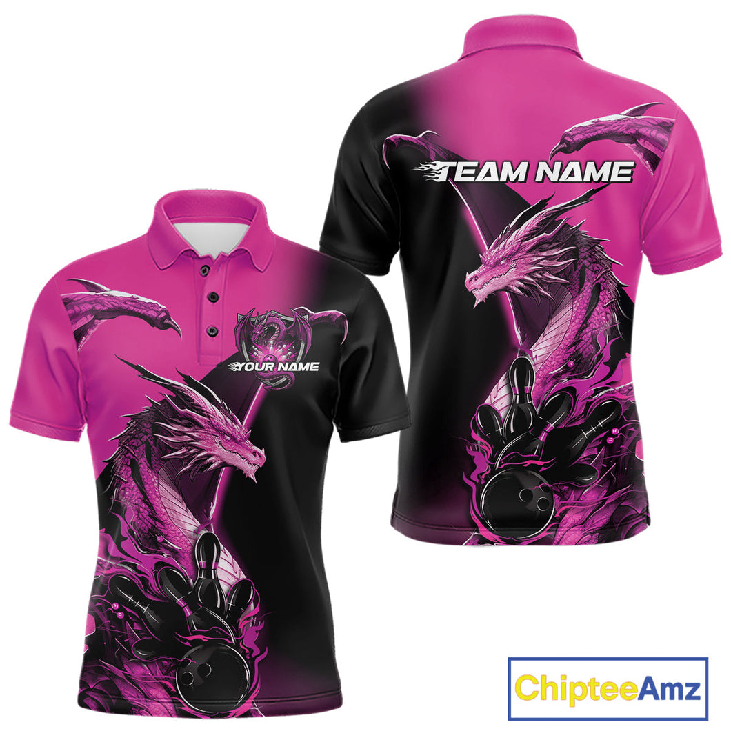 Custom Pink Dragon Flame Bowling Polo Shirts For Men, Bowling Tournament Shirt IPHW9332