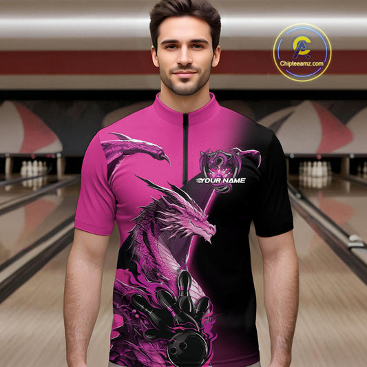 Custom Pink Dragon Flame Bowling Quarter-Zip Shirts For Men, Bowling Tournament Shirt IPHW9332