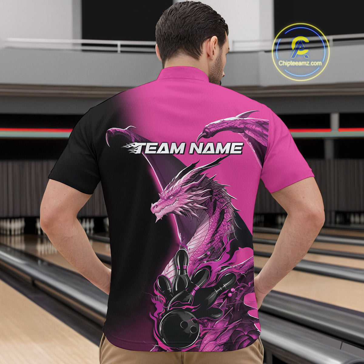 Custom Pink Dragon Flame Bowling Quarter-Zip Shirts For Men, Bowling Tournament Shirt IPHW9332
