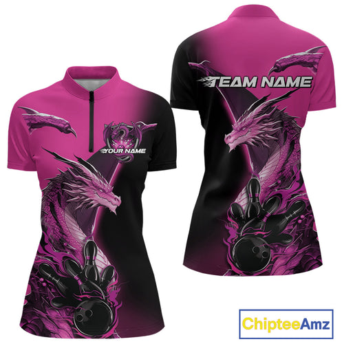 Custom Pink Dragon Flame Bowling Quarter-Zip Shirt For Women, Bowling Tournament Shirt IPHW9332