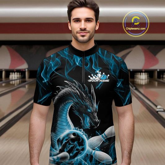 Custom Black And Blue Fire Flame Dragon Bowling Quarter-Zip Shirt For Men, Dragon Bowling Jersey IPHW9822