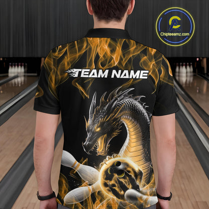 Custom Black And Gold Fire Flame Dragon Bowling Polo Shirt For Men, Dragon Bowling Jersey IPHW9824