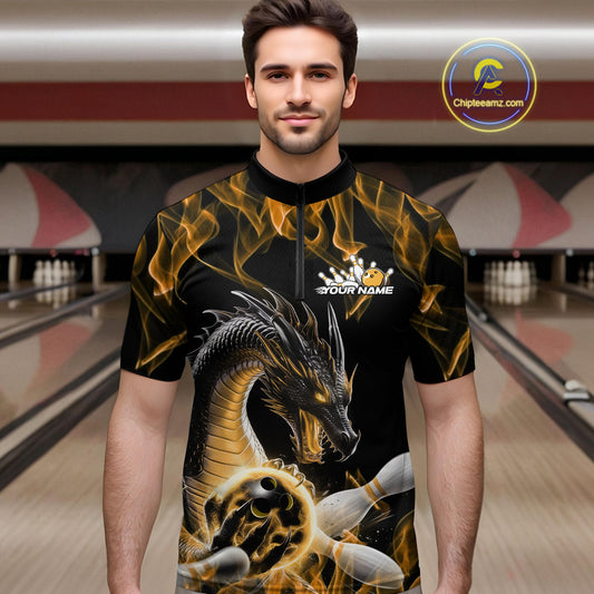 Custom Black And Gold Fire Flame Dragon Bowling Quarter-Zip Shirt For Men, Dragon Bowling Jersey IPHW9824