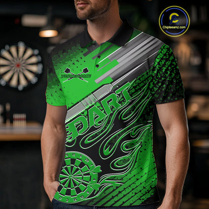 Custom Black And Irish Green Flame Dartboard Dart Polo Shirts For Men, Dart Uniform IPHW9686