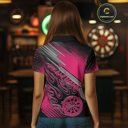 Custom Black And Pink Flame Dartboard Dart Polo Shirts For Women, Dart Uniform IPHW9687