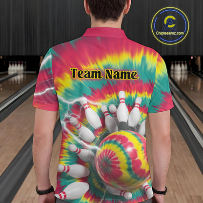 Custom Colorful Tie Dye Bowling Polo Shirts For Men, Rainbow Bowling Outfit IPHW9116