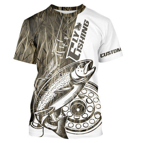 Custom Brown Grass Camo Trout Fly Fishing T-Shirts, Fly Reel Fishing T-Shirt IPHW9118