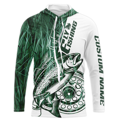 Custom Green Grass Camo Trout Fly Fishing Long Sleeve Hooded Shirts, Fly Reel Fishing Shirt IPHW9121