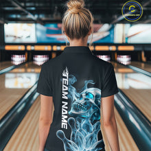 Load image into Gallery viewer, Custom Blue Flame Smoke Skull Bowling Women Quarter-Zip Shirt, Halloween Bowling Outfit IPHW9494
