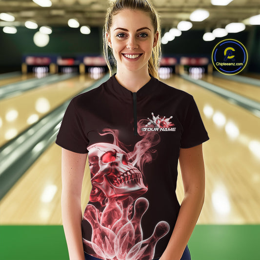 Custom Red Flame Smoke Skull Bowling Women Quarter-Zip Shirt, Halloween Bowling Outfit IPHW9495