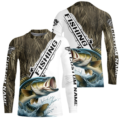 Custom Name Grass Camo Largemouth Bass Kid Long Sleeve Tournament Fishing Shirt IPHW9136