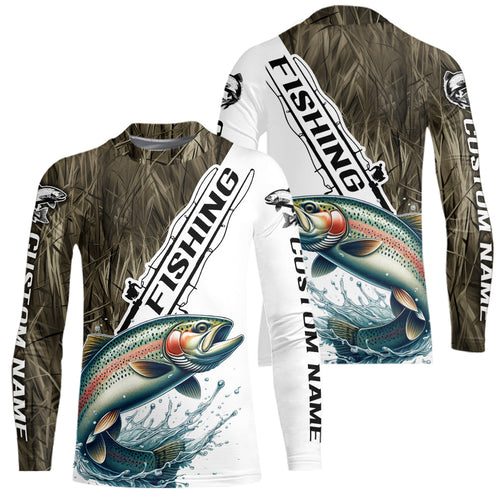 Custom Name Grass Camo Rainbow Trout Kid Long Sleeve Tournament Fishing Shirt IPHW9138