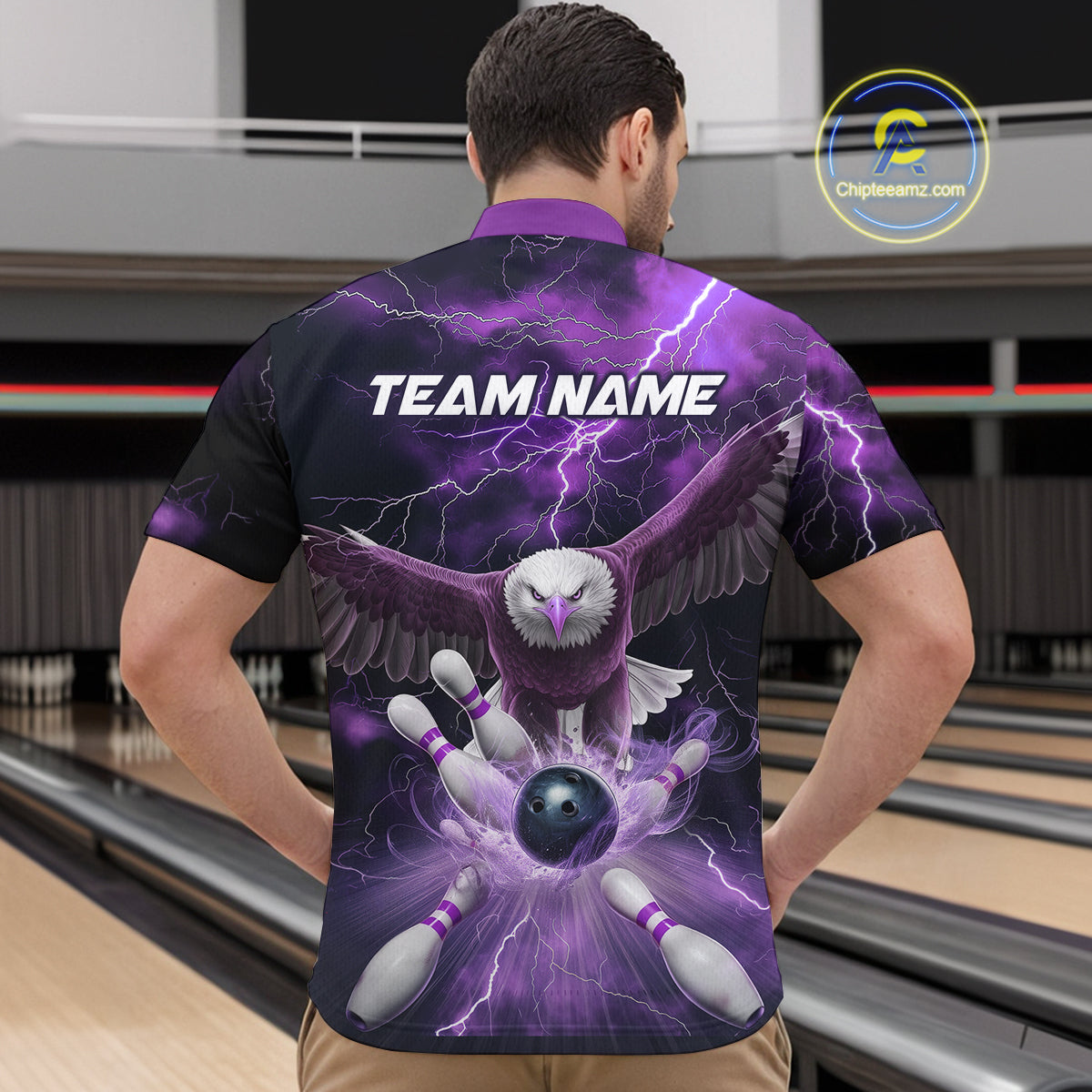 Custom Purple Thunder Lightning Eagle Bowling Quarter-Zip Shirts For Men, Eagle Bowling Jerseys IPHW9365