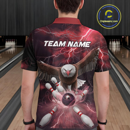 Custom Red Thunder Lightning Eagle Bowling Polo Shirts For Men, Eagle Bowling Jerseys IPHW9366