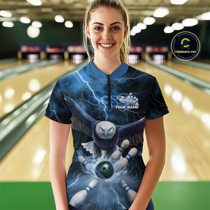 Custom Blue Thunder Lightning Eagle Bowling Women Quarter-Zip Shirts, Bowling Jerseys IPHW9367