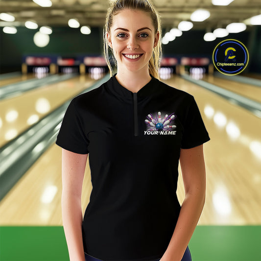 Custom Blue And Purple Bowling Team Women Quarter-Zip Shirts, Bowling League Shirt IPHW9368
