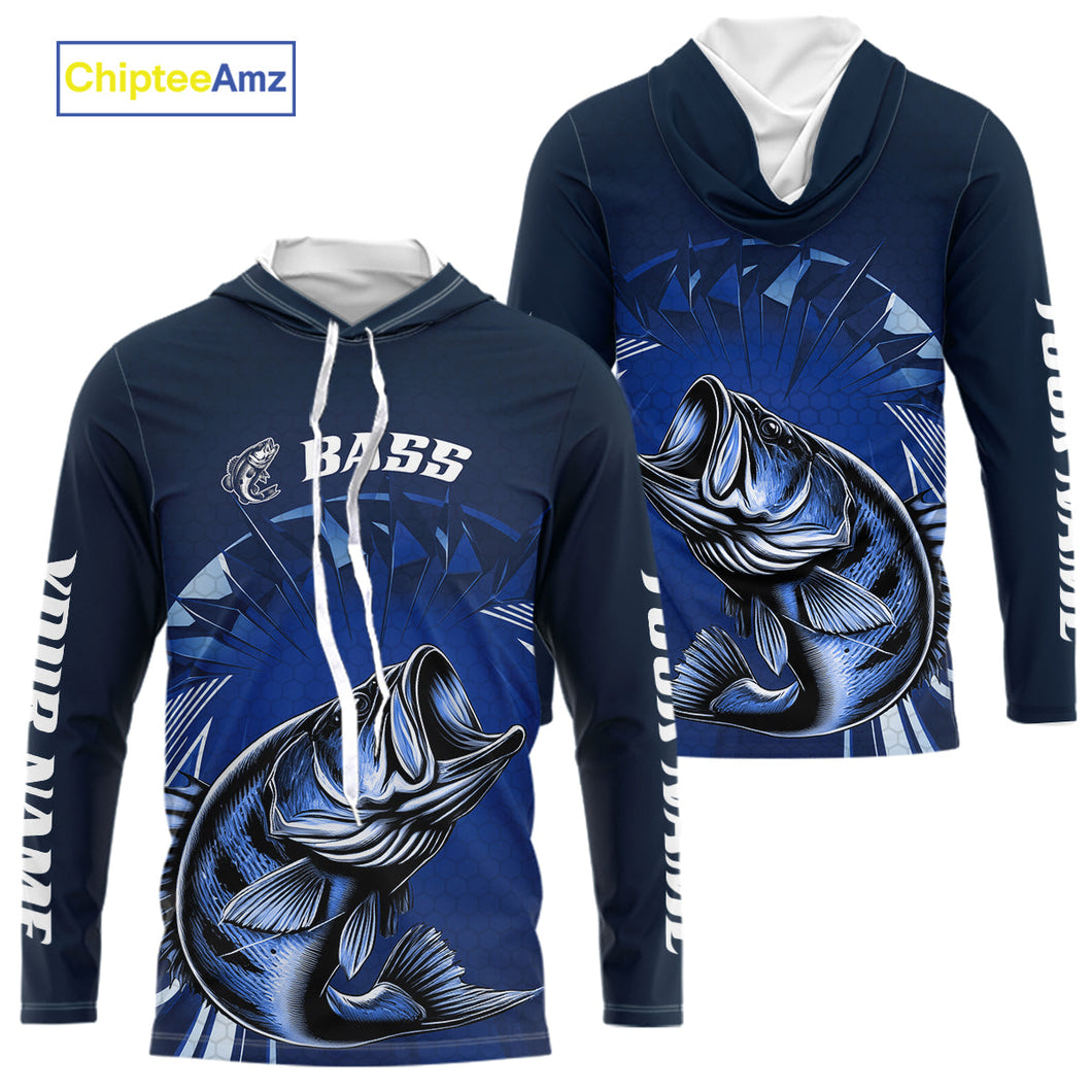 Custom Largemouth Bass Blue Long Sleeve Hooded Tournament Fishing Shirts, Bass  Fishing Jerseys IPHW9178