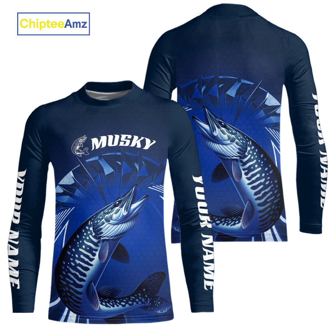 Custom Musky Fishing Blue Kid Long Sleeve Tournament Fishing Shirts, Muskie Fishing Jerseys IPHW9179