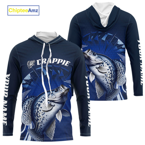 Custom Crappie Fishing Blue Long Sleeve Hooded Tournament Fishing Shirts, Crappie Fishing Jerseys IPHW9180