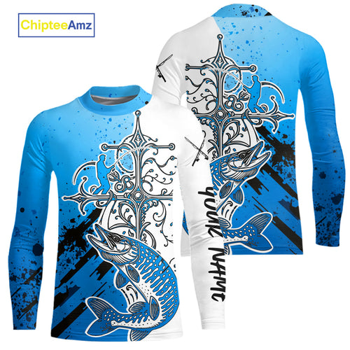 Custom Blue Camo Faith Musky Kid Long Sleeve Tournament Fishing Shirts, Muskie Shirt IPHW9184