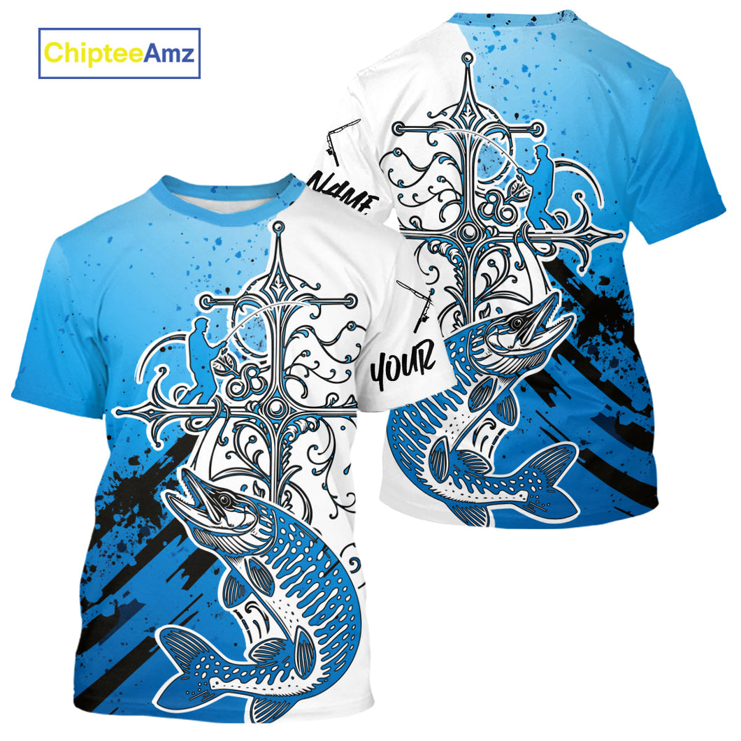 Custom Blue Camo Faith Musky Tournament Fishing T-Shirts, Muskie Shirt IPHW9184