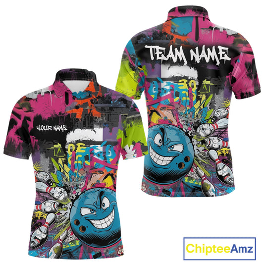 Custom Funny Graffity Colorful Bowling Polo Shirts For Men, Bowling Tournament Shirt IPHW9382