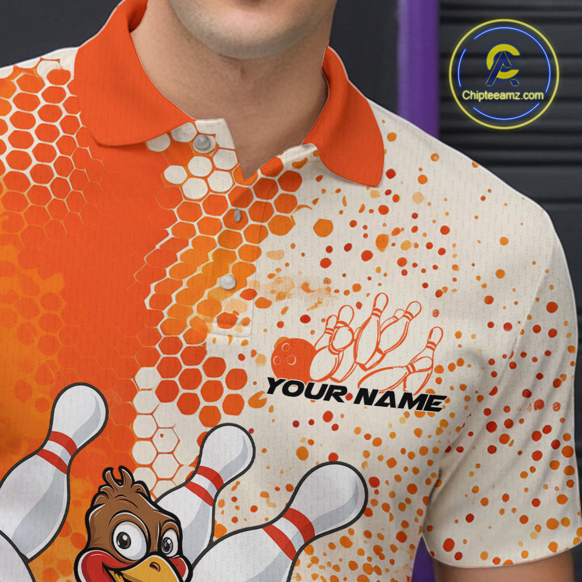 Custom Funny Orange Thanksgiving Turkey Bowling Team Men Polo Shirts, Bowling Jerseys IPHW9767