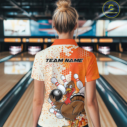 Custom Funny Orange Thanksgiving Turkey Bowling Women Quarter-Zip Shirts, Bowling Jersey IPHW9767