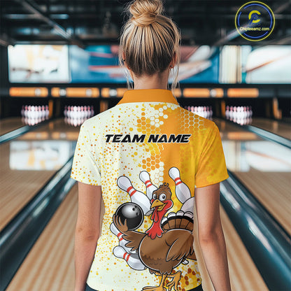 Custom Funny Yellow Thanksgiving Turkey Bowling Team Women Polo Shirts, Bowling Jerseys IPHW9768