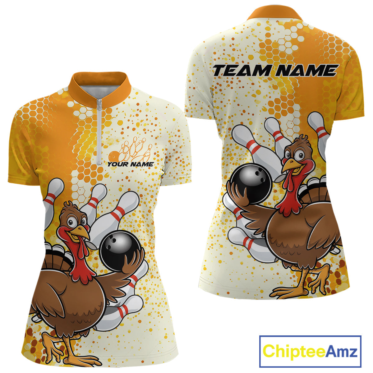 Custom Funny Yellow Thanksgiving Turkey Bowling Women Quarter-Zip Shirts, Bowling Jersey IPHW9768