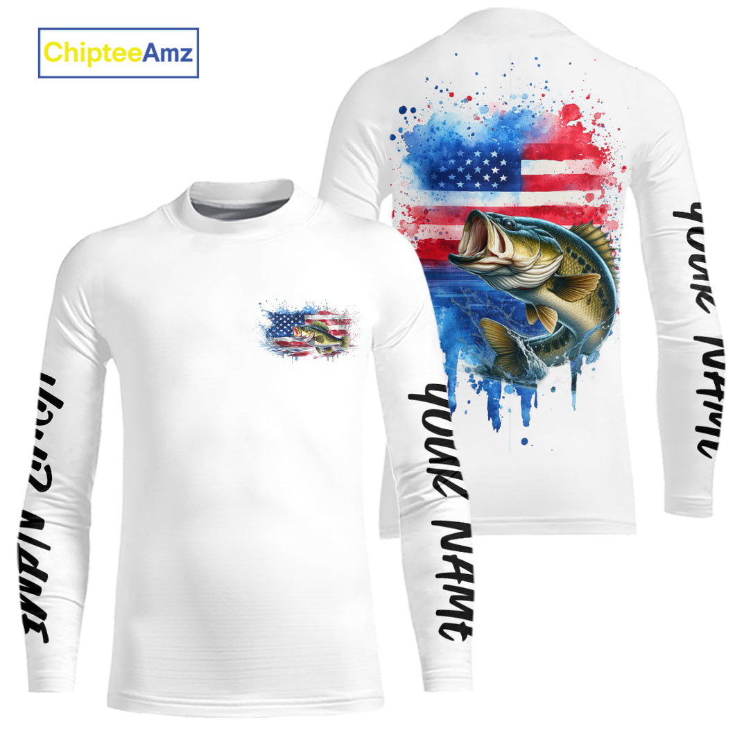 Custom Watercolor American Flag Patriotic Largemouth Bass Kid Long Sleeve Tournament Fishing Shirt IPHW9195
