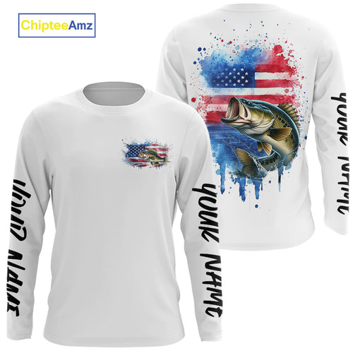Custom Watercolor American Flag Patriotic Largemouth Bass Long Sleeve Tournament Fishing Shirt IPHW9195