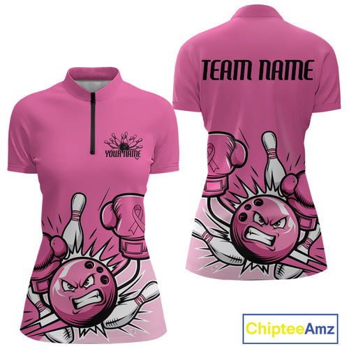 Custom Funny Pink Breast Cancer Bowling Women Quarter-Zip Shirt, Breast Cancer Fighter IPHW9395