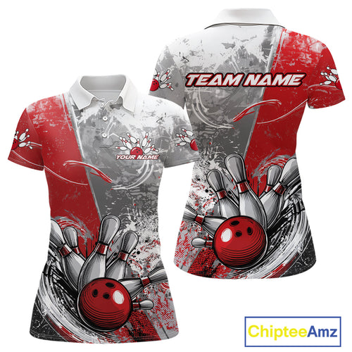 Custom Grunge Red Bowling Polo Shirts For Women, Distressed Vintage Bowling Team Shirts IPHW9550
