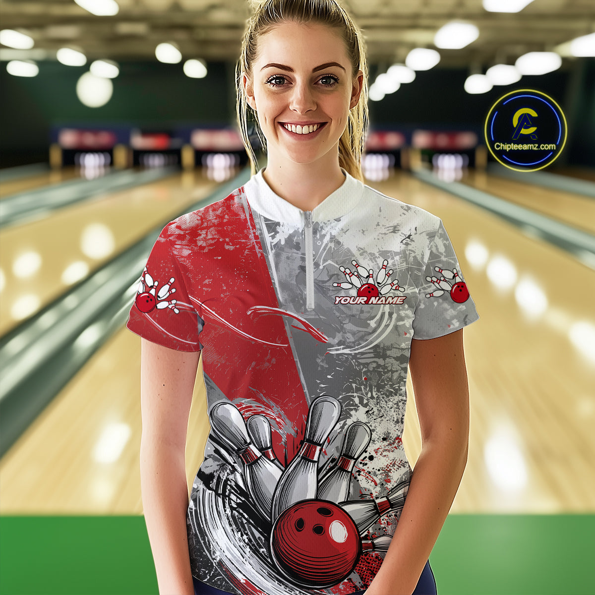 Custom Grunge Red Bowling Women Quarter-Zip Shirt, Distressed Vintage Bowling Team Shirts IPHW9550