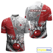 Load image into Gallery viewer, Custom Grunge Red Bowling Quarter-Zip Shirts For Men, Distressed Vintage Bowling Team Shirts IPHW9550