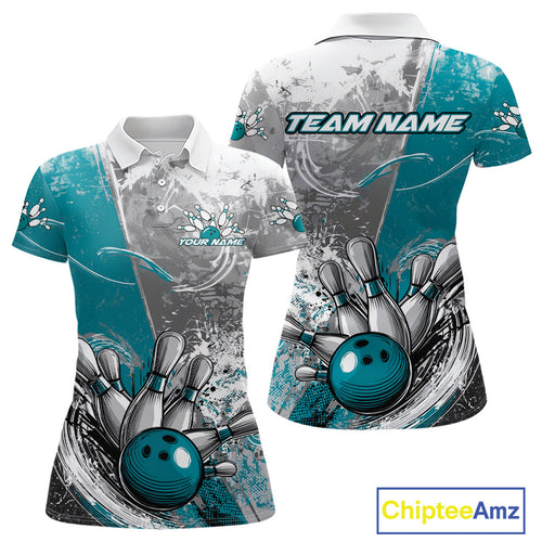 Custom Grunge Blue Bowling Polo Shirts For Women, Distressed Vintage Bowling Team Shirts IPHW9551