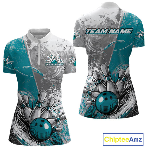 Custom Grunge Blue Bowling Women Quarter-Zip Shirt, Distressed Vintage Bowling Shirts IPHW9551